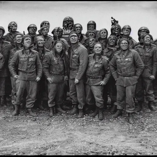 Image similar to world war 2 portrait photo, full body, of a single warhammer 4 0 k space marine posing with troops at bastogne, rosenthal, baltermants, kerlee, vaccaro