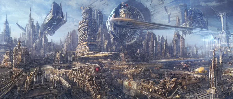 Prompt: a mega city with airships and flying cars in the air, hyperrealistic, cinematic, art by Alan Lee, Artstation, trending on Deviant Art, glittering