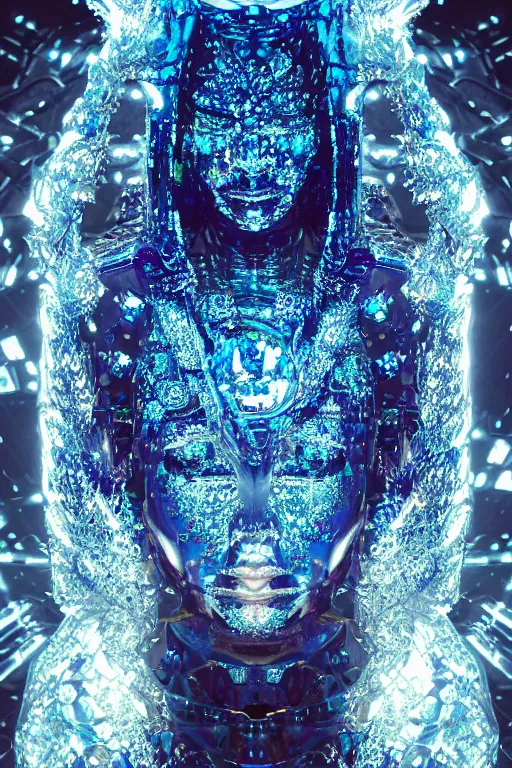 Image similar to hyper detailed ultra sharp portrait of baroque and bladerunner delicate neon diamond sculpture of seductive albino pharaoh nick jonas, diamond sphinx blue iridescent humanoid deity wearing metallic hoody made out of hands holding the sun prismatic dungeon, glowing blue face, crown of white diamonds, cinematic lighting, photorealistic, octane render 8 k depth of field 3 d