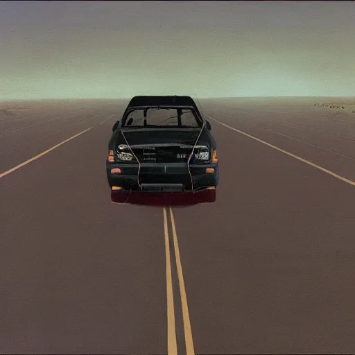 Image similar to depressed fbi agent driving a car down an empty road in roswell new mexico, beksinski, wayne barlowe, very coherent symmetrical artwork, cinematic, hyper realism, high detail, octane render, 8 k