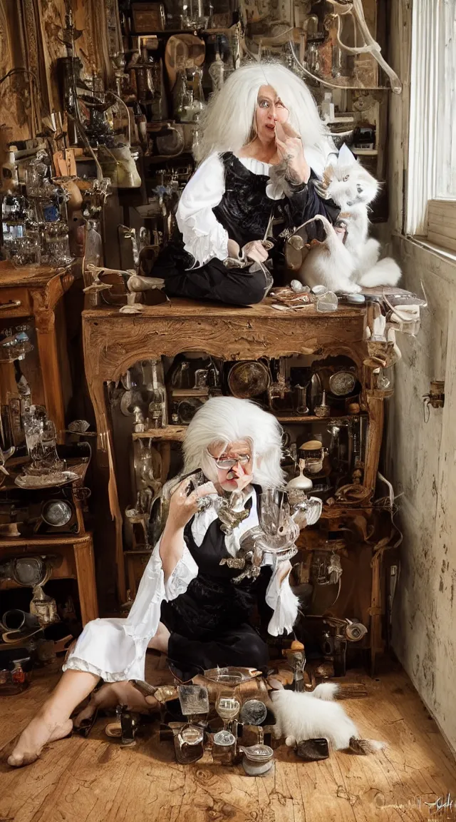 Image similar to full body protrait beautifull witch with white hair in old room. A cristal ball on a wood table with a potions and old instruments. A cat on the floor licking his paw. photorealistic, profesional photo, by Steve McCurry