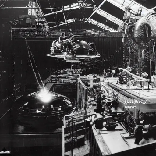 Prompt: scientists discovering an alien ufo in a warehouse, 1 9 2 0's sci - fi, black and white, 8 k, highly ornate intricate details, extreme detail,