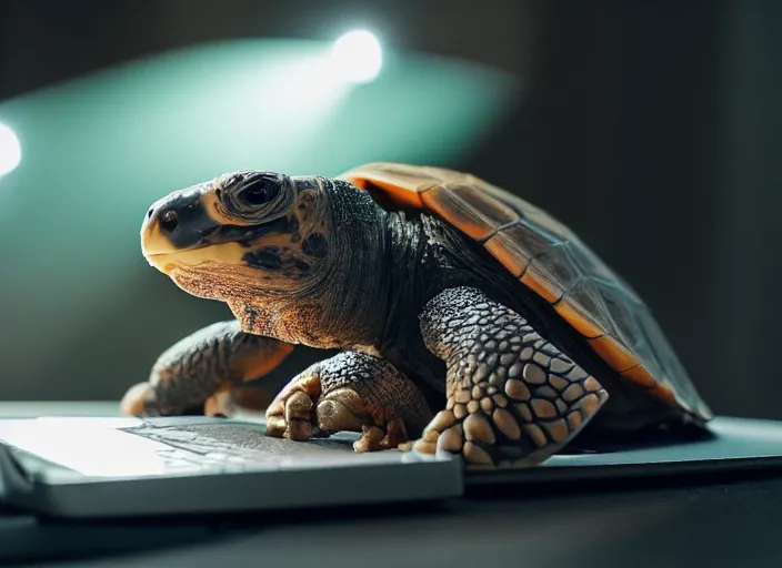 Image similar to photo still of a tortoise working on a laptop, 8 k, studio lighting bright ambient lighting key light, 8 5 mm f 1. 8