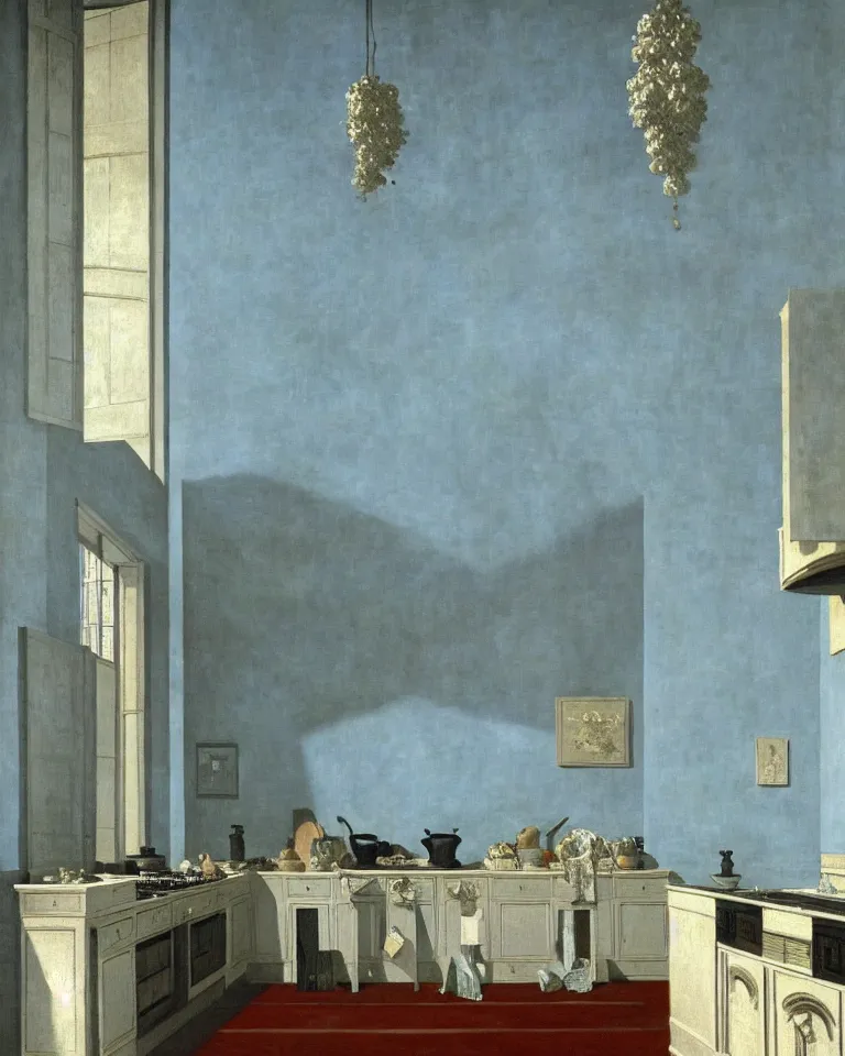 Image similar to achingly beautiful painting of a sophisticated kitchen on baby blue background by rene magritte, monet, and turner. giovanni battista piranesi.