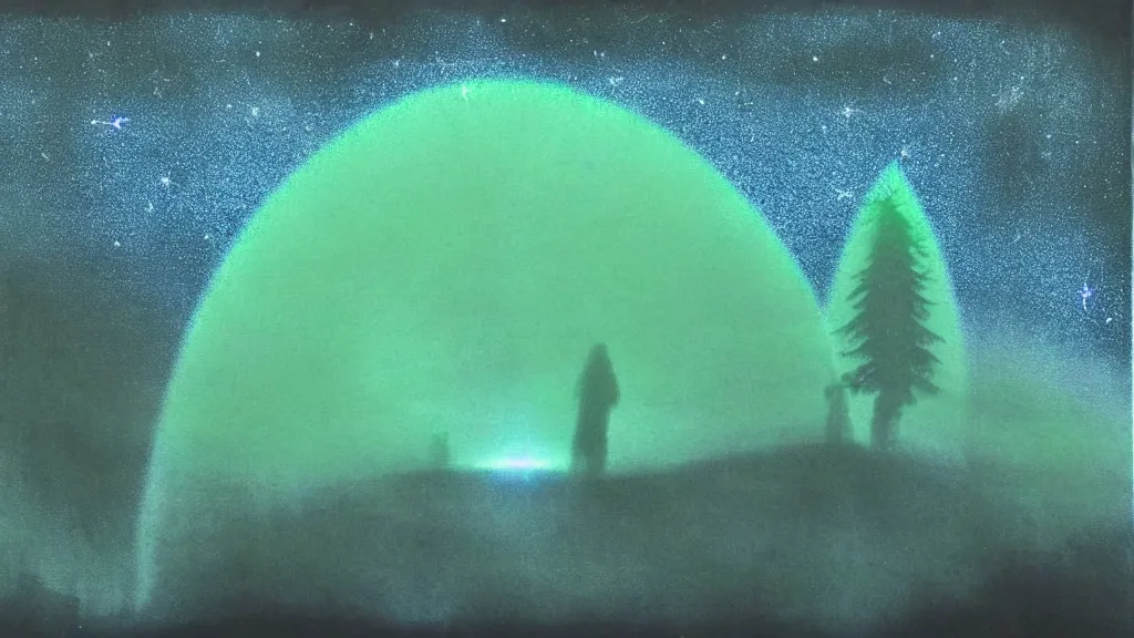 Prompt: night time visionary mixed media of a nocturnal brocken spectre in the sky, sky filled with stars, starlight, moonlight, above the mystical green hill, occult, immanence, awe sublime, volumetric lighting, with some silhouettes of hikers in the distance