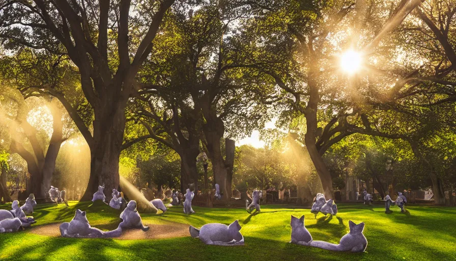 Prompt: A park full of trees and flowers with statue cats forming a circle ,god rays, incredible lighting, 4k photography award winning,