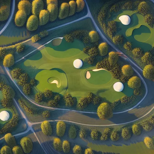 Image similar to Concept art, beautiful painting of a small golf course in the midst of metropolis city, 8k, Jeremy Cheung, greg rutkowski, artstation, aerial view