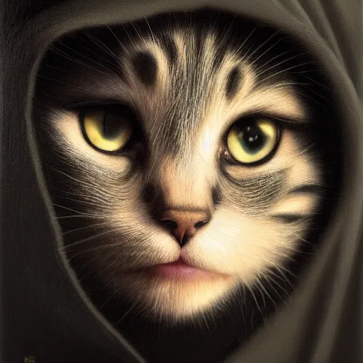 Image similar to a portrait of a kitten wearing a black hood, cloak covering face, anatomically correct, beautiful perfect face, enigmatic, oil painting, matte, black background, Volumetric dynamic lighting, Highly Detailed, Cinematic Lighting, Unreal Engine, 8k, HD, by Beksinski