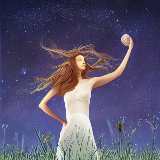 Prompt: breathtaking beautiful illustration of a girl standing in a field of wild flowers gazing up at night sky, stars and milky way and moon, extreme foreshortening, bottom - up perspective, perspective art, extreme angle, style of thomke meyer and julia plath, trending on artstation, ballpoint ultramarine and white