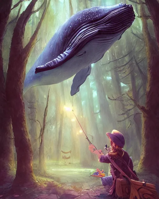 Image similar to Whale playing Trumpet in magical forest, portrait, wearing hat, magical notes, fairy atmosphere, magic the gathering artwork, D&D, fantasy, cinematic lighting, centered, symmetrical, highly detailed, digital painting, artstation, concept art, smooth, sharp focus, illustration, volumetric lighting, epic Composition, 8k, art by Akihiko Yoshida and Greg Rutkowski and Craig Mullins, oil painting, cgsociety