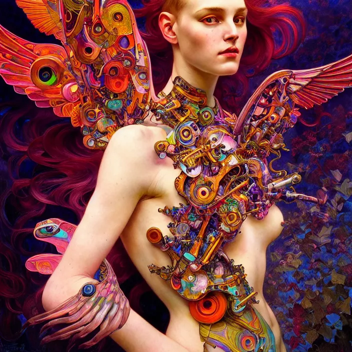 Image similar to bright psychedelic portrait of organic cyborg holding wings, diffuse lighting, fantasy, intricate, elegant, highly detailed, lifelike, photorealistic, digital painting, artstation, illustration, concept art, smooth, sharp focus, art by John Collier and Albert Aublet and Krenz Cushart and Artem Demura and Alphonse Mucha