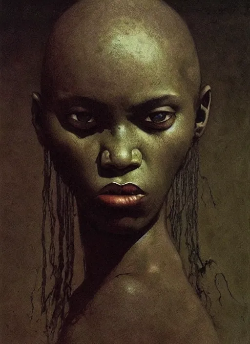 Image similar to bald barbarian black girl by Beksinski