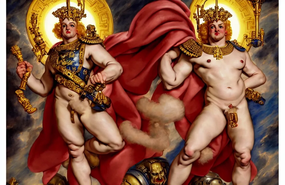 Prompt: a pinup poster of the emperor from warhammer 40k by Peter Paul Rubens and Norman Rockwell, porcelain white skin, bare chest silk robes, voluptuous male, long luxurious light blond hair, long fluffy blond curly hair, depicted as the greek sun god Apollo, clear sharp focus, 4K, artstation