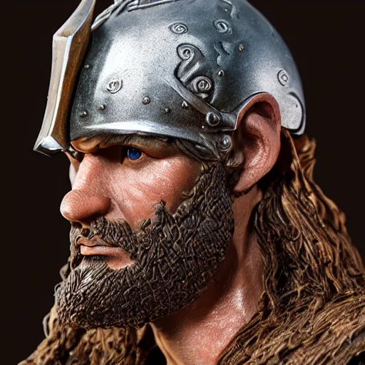 Image similar to of a 3d clay model of a viking from valhalla, wearing the horned helmet ultra fine detail, hair strands, ultra high resolution, fine texture detail, miniature painting techniques, perfect proportions, marvel cinematic universe, eric bana