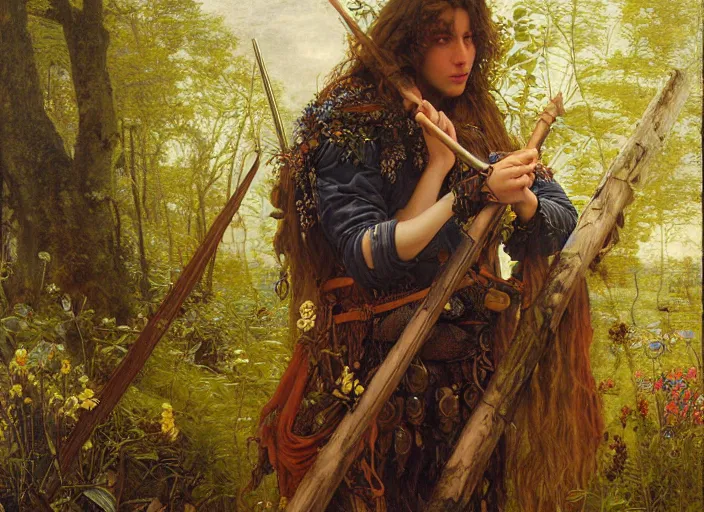 Prompt: druid. young man with braided brown hair covered in colorful wildflowers. amber eyes. leather armor, and a wooden flute. edgar maxence and caravaggio and michael whelan and delacroix style, artistic, intricate painting, cinematic lighting, hyper realistic, extremely detailed, vivid colors, establishing shot, dramatic lighting