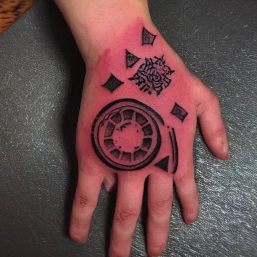 Prompt: partly used command seal tattoo in red ink on the back of hand
