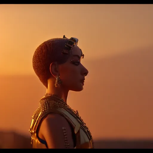 Image similar to a beautiful award winning photo of Cleopatra, golden hour, very detailed and sharp, 4k cinematic