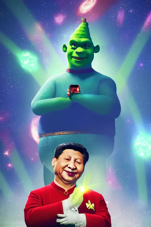 Prompt: portrait of Xi Jinping dressing up as Shrek, Xi Jinping, rule of thirds, captivating glowing lights, Star Trek setting, on interstellar space, photo realistic by Yaşar VURDEM , artstation, unreal engine, character concept art by Moebius, high quality printing
