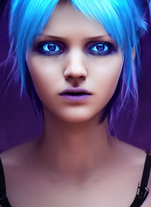 Image similar to beautiful young cyberpunk girl with blue hair, glowing blue eyes, staring menacingly at the cameraau naturel, hyper detailed, digital art, trending in artstation, cinematic lighting, studio quality, smooth render, fluorescent skin, unreal engine 5 rendered, octane rendered, art style by klimt and nixeu and ian sprigger and wlop and krenz cushart