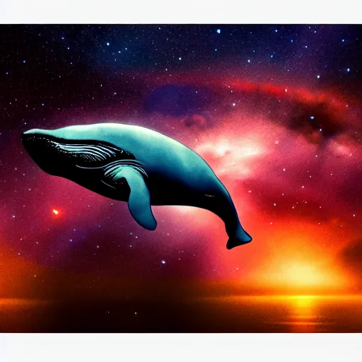 Image similar to portrait of whale swimming on a night sky, swimming across the universe, nebulae, oniric, dreamy, beautiful, highly detailed, cinematic, trending on artstation