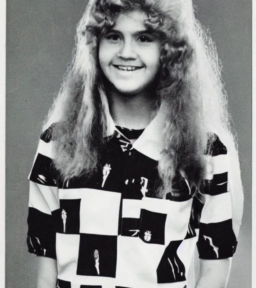 Image similar to 1 9 8 0 s highschool girl with big blonde hair, a black and white patterned shirt, magenta hair clip, yearbook photo