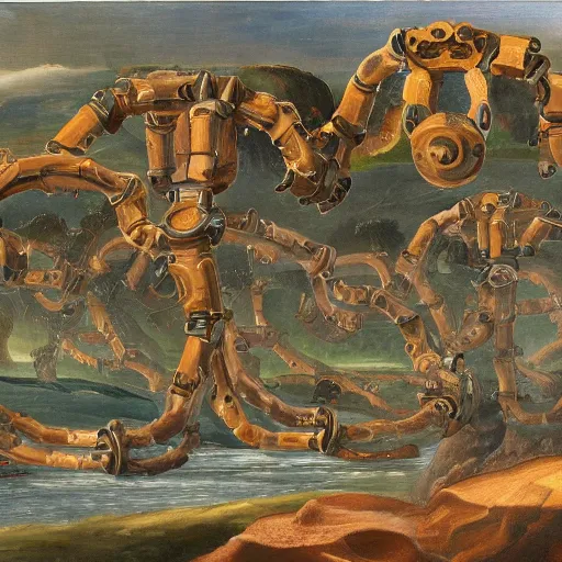 Prompt: a machine with 6 mechanical arms painting a landscape