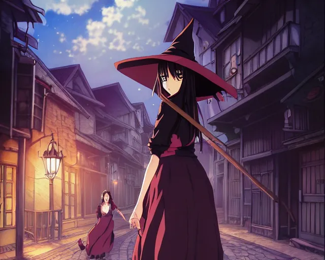 Image similar to key anime visual portrait of a young female witch walking through a busy village, dynamic pose, dynamic perspective, cinematic, dramatic lighting, muted colors, detailed silhouette, textured, finely detailed eyes, anime proportions, kentaro miura, anmi