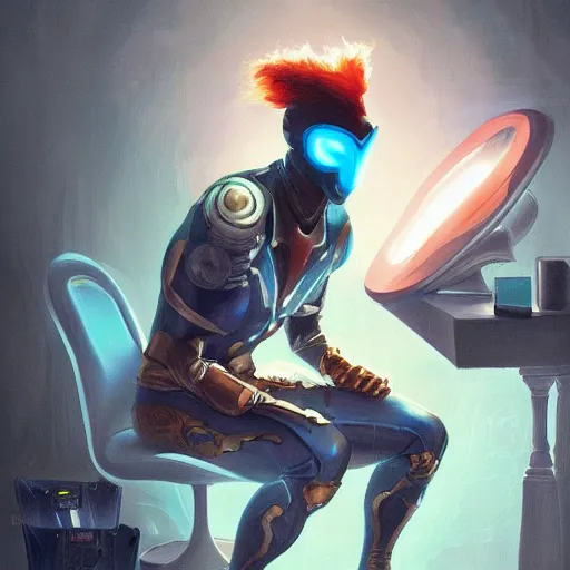 Image similar to a insanely detailed painting of masked superhero wearing a costume sitting at the computer nervously clicking on the mouse in the style of peter mohrbacher, dramatic lighting and composition, trending on artstation