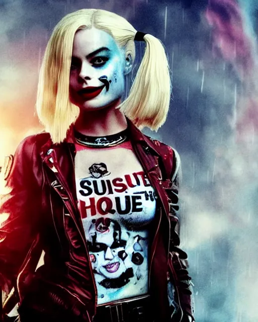 Image similar to gorgeous suicide squad margot robbie that looks like harley quinn, long blonde hair and big eyes, beautiful smile, finely detailed perfect face, standing on the wet street at sunset, a movie directed by christopher nolan, movie still frame, promotional image, imax 7 0 mm footage