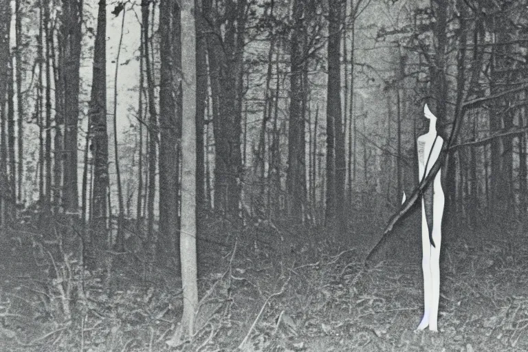 Prompt: 1975 photo of slenderman in the forest, night, detailed