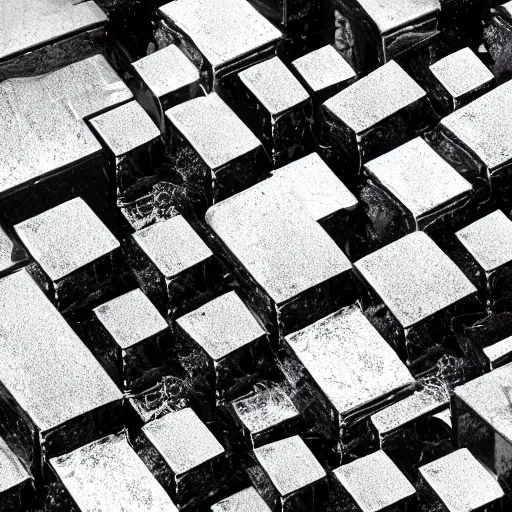 Prompt: shiny black cubes, crashed in the ground, cracks, gas fire in cracks, hd photograph