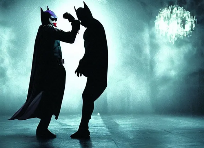 Prompt: Batman and Joker dance together，atmospheric lighting, masterpiece, award winning painting by Emmanuel Lubezki