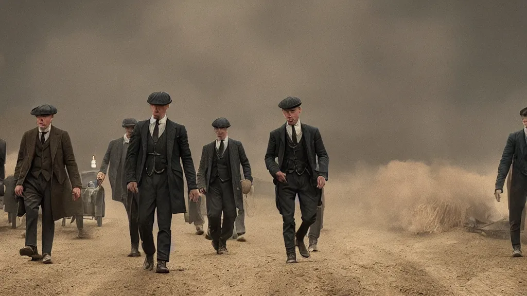 Image similar to the peaky blinders made of of peanuts, film still from the movie directed by denis villeneuve with art direction by zdzis