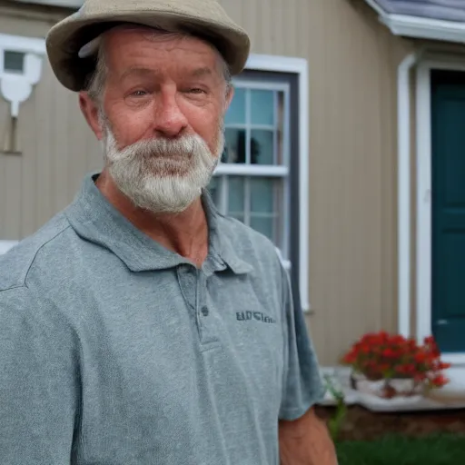 Prompt: Paul Schrier as Farkas Bulkmeier standing near a house