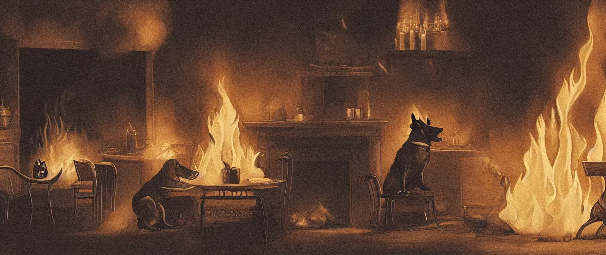 Image similar to a photograph (flash on) of a huge fire on a dining room in the background, in the foreground a relaxed anthropomorphic dog surrounded by flames, sitting on a wooden chair at a table (no fire at all there), there is a cup of coffee on the table, a lot of flames behind the dog, black smoke instead of the ceiling, no watermark