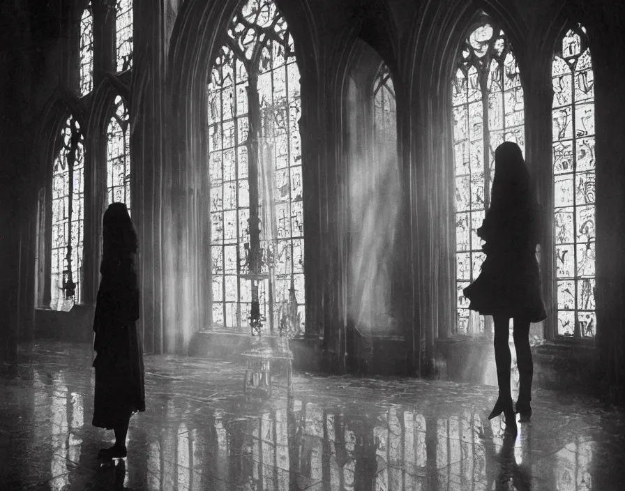 Image similar to a highly detailed unreal engine symmetric portrait of a gothic girl in a richly decorated church with a wet floor and light coming in through the stained windows, boke, tilted frame, henry cartier bresson