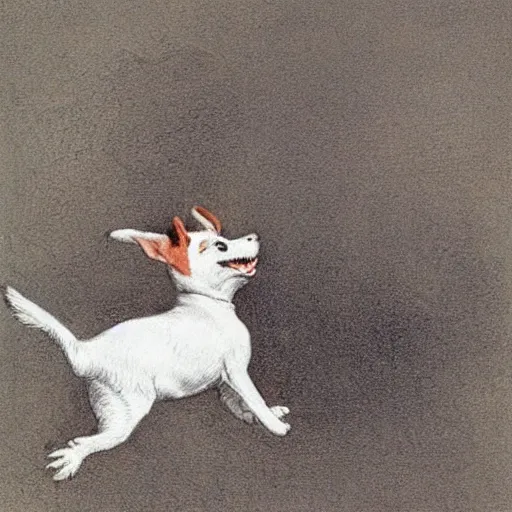 Image similar to portrait of a happy jack russel terrier jumping, closeup, illustrated by peggy fortnum and beatrix potter and sir john tenniel