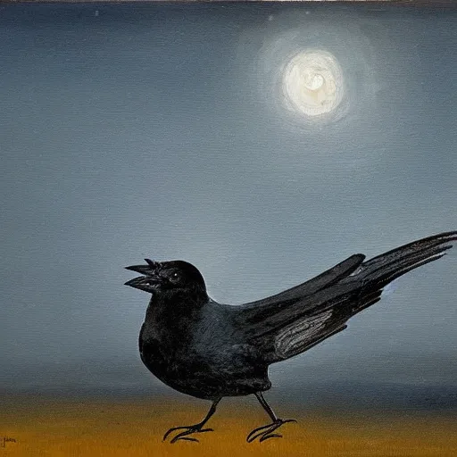 Image similar to a jackdaw with a hat jolts its neck as it takes flight in the night sky, a painting of nature in winter