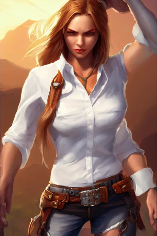 Image similar to full body, female cowgirl, perfect face, white blouse, holster, 8 k, magic the gathering, desert, d & d, artstation, high detail, smooth, muscular