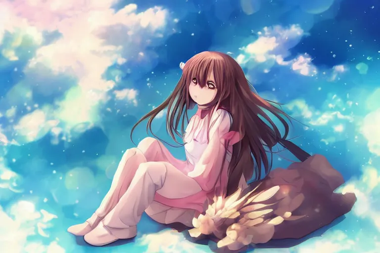 Image similar to a cute anime girl sitting on a cloud, digital art, anime,