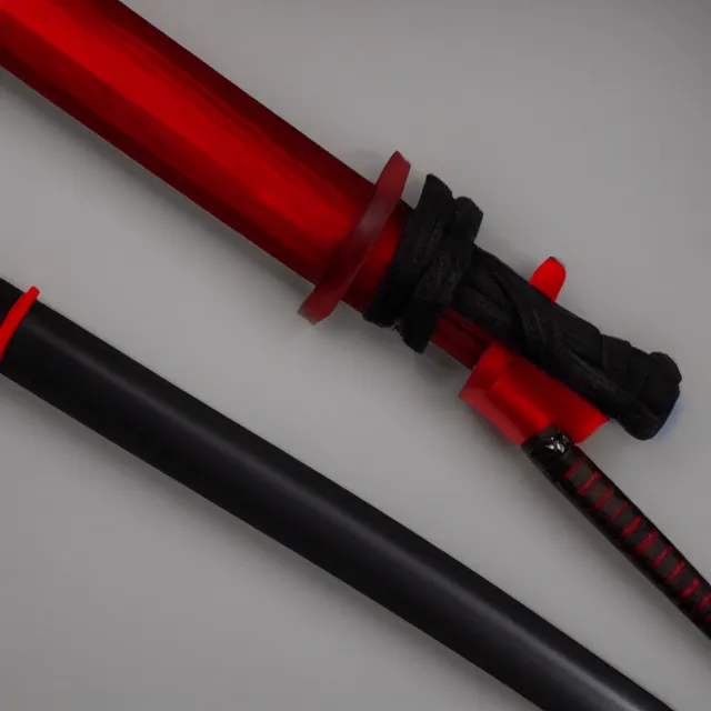 Prompt: a black and red katana, half way in it's sheathe, studio lighting