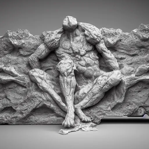 Image similar to a sculpture carved out of stone in the very organic elaborate fluid textures, in a brutalist gallery space of concrete, global illumination, octane render, extreme detail, very intricate, hyperrealism 8 k