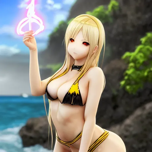 Prompt: bishamon render as a very beautiful 3d anime girl, long pure blonde hair, golden eyes, full round face, short smile, cute bikini, serene beach setting, cinematic lightning, medium shot, mid-shot, highly detailed, trending on Artstation, Unreal Engine 4k, cinematic wallpaper