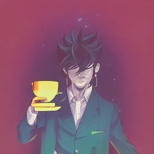 Image similar to A man drinking a cup of cosmic energy bright light by Masafumi Harada, 4k, digital art, surreal, anime style, space dandy style, highly detailed, godsend, artstation, space