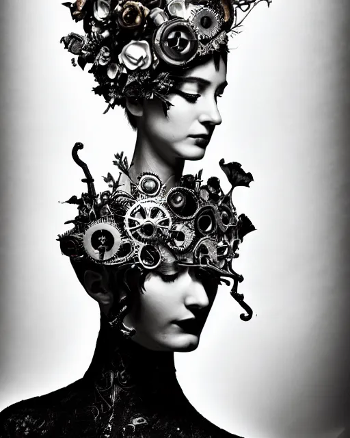 Image similar to a black and white high quality dreamy photo of a young beautiful female queen-silver dragon-vegetal-flower-cyborg bust with a very long cyborg neck and a steampunk flower crown, elegant, highly detailed, poetic, soft, dreamy, mysterious, high fashion, in the style of Horst P. Horst, Metropolis, Realistic, Refined, Digital Art, Highly Detailed, Cinematic Lighting, rim light, black and white, photo-realistic, 8K