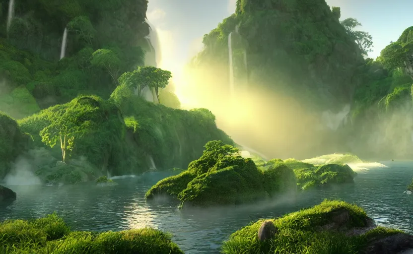 Image similar to a beautiful and stunning professional digital artwork of a humongous pyrite cave, haze, waterfall, volumetric lighting, hyperrealistic, green, blue, sunset, unreal engine 5, ultra detail