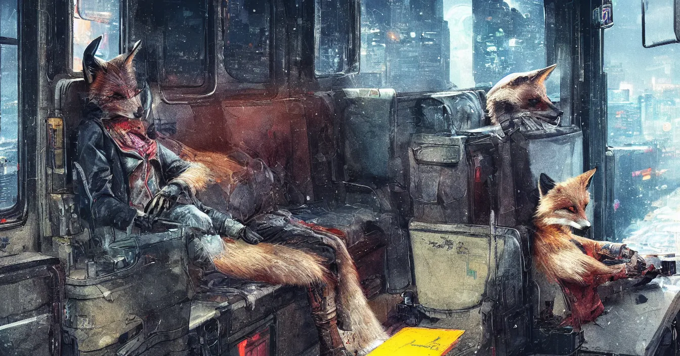 Image similar to Imagination of homeless fox with hood over head and old coat, sits on a dirty seat in a old subway car, cyberpunk 2077, amazing digital art