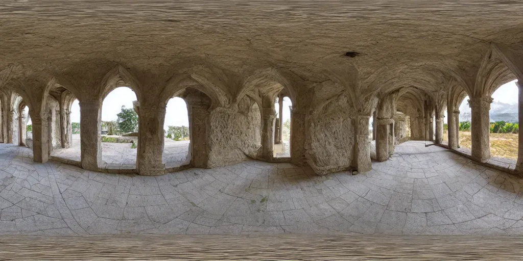 Prompt: high quality 360° image in equirectangular projection of a cloister of a monastery