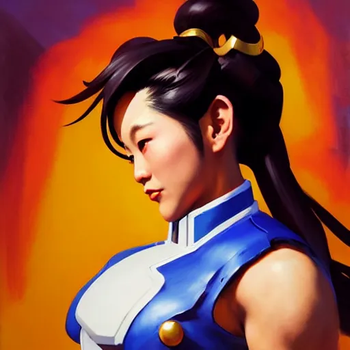 Image similar to Greg Manchess portrait painting of Chun-Li as Overwatch character, medium shot, asymmetrical, profile picture, Organic Painting, sunny day, Matte Painting, bold shapes, hard edges, street art, trending on artstation, by Huang Guangjian and Gil Elvgren and Sachin Teng