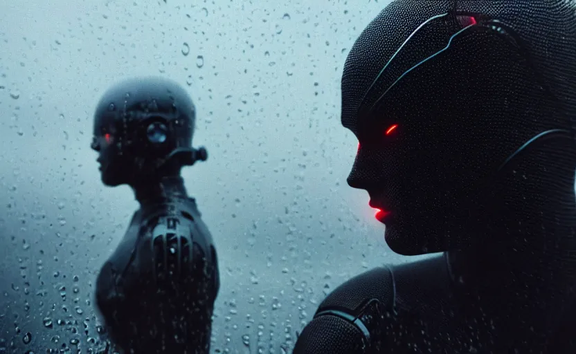 Image similar to cinestill 5 0 d candid photographic portrait by christopher nolan of two loving female androids wearing rugged black mesh techwear in treacherous waters, extreme closeup, modern cyberpunk moody emotional cinematic, pouring rain menacing red spotlight, 8 k, hd, high resolution, 3 5 mm, f / 3 2, ultra realistic faces, ex machina